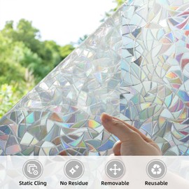 Rainbow Window Privacy Film, 3D Decals Stained Glass Window Tint for Home, Static Clings Heat Control Non-Adhesive Vinyl Window Stickers for Living Room (Rainbow, 35.4'' x 78.7'')