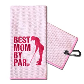 TOUNER Best Mom by Par Embroidered Golf Towels for Golf Bags with Clip, Funny Pink Golf Towel Gifts for Golf Lover Mom Mama Wife, Golf Accessories for Mother, Mother's Day Birthday Thank You Gifts