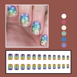 RIICFDD 24 Pcs St. Patrick's Day Press on Nails Short Fake Nails Square False Nails Colorful Nails Press ons Lucky Clover Glue on Nails Full Cover Graffiti Style Stick on Nails for Women Girls
