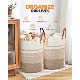 MOXTOYU Laundry Basket, Jute Dirty Laundry Hamper with Leather Handles, Woven Laundry Basket for Pillows, Blankets, Toys, Decorative Basket for Living Room, Bathroom, Bedroom - 72L Brown & White