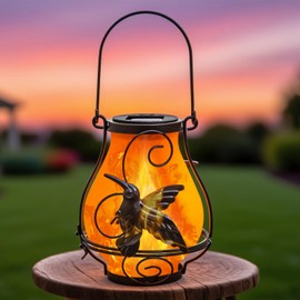 YAKii Solar Flame Lantern Hanging Waterproof Outdoor Hummingbird Metal Solar Lamp with Dancing Flame Light Decorate for Yard Garden Pathway Patio Porch Decor