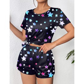 Ekouaer Women's Pajama Sets Short Sleeve Pjs 2 Piece Top and Shorts Sleepwear Comfy Soft Lounge Sets with Pockets Black Star Medium