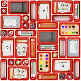 45 Pack Desk Drawer Organizer Tray, 3 Sizes Plastic Drawers Organizer Storage for Kitchen, Bathroom, Office, Vanity, Makeup, Utensils, Junk Drawer Organizer Bins, Gadget Trays for Organizing, Red