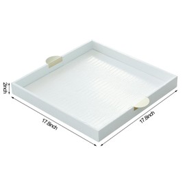HofferRuffer Faux Leather Decorative Serving Tray, Elegant Coffee Table Tray, Ottoman Tray, Breakfast, Drinks, Liquor Serving Platter, White Croco Finish with Gold Hardware Handle (Square)