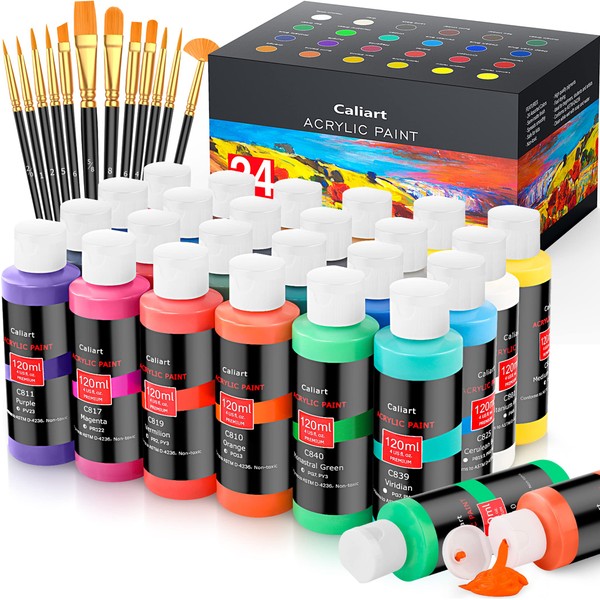 Caliart Acrylic Paint Set With 12 Brushes, 24 Colors (120ml,