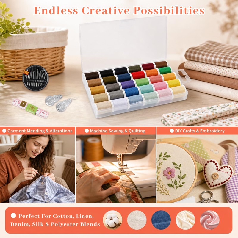 Sewing Thread Set 30 Colours, Polyester Embroidery Threads, Sewing Kit