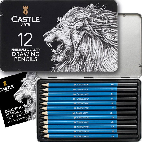 Castle Art Supplies 12 Piece Graphite Drawing Pencils Set | For Adult Artists – Beginners and Advanced | Presented in Attractive, Compact, Sturdy Metal Case With Tutorial