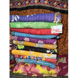 Gajanad Artistry One Piece Vintage Kantha Quilts Reversible Bohemian Home Decor Handmade Indian Blanket Twin Size 85X55 Inches Assorted Multicolor
