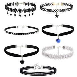 KOLZEMV 7 Pieces Choker Black Choker Necklace for Women Black Choker Necklace Set Black Lace Tattoo Velvet Choker for Women Teen Girls