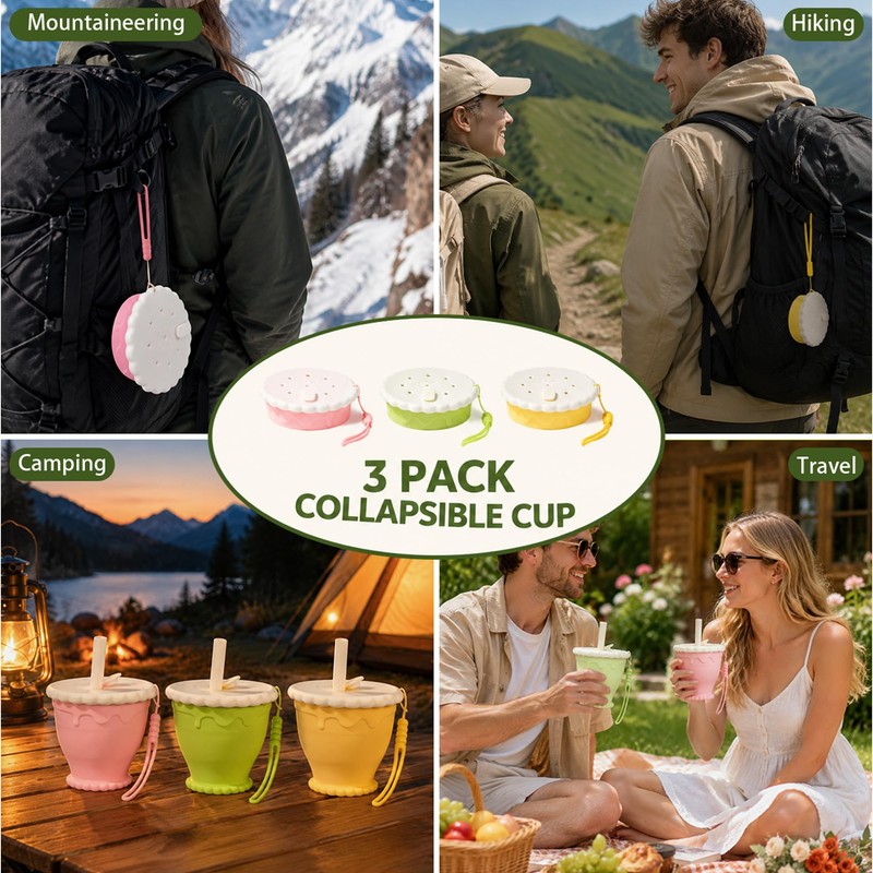 3 Pack Foldable Travel Cup, Cookie Shaped Collapsible Silicone Travel