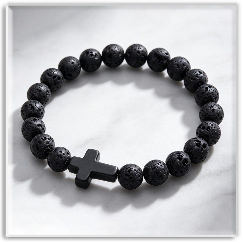 Xusamss Volcanic Stone Bead Cross Stretch Bracelet for Women Men,Lava