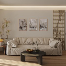 KAIRNE Abstract Pastel Grunge Framed Canvas Wall Art Set, Neutral Beige Gray Textured Wall Decor, Minimalist Shapes Wall Painting, Modern Brush Stroke Art Painting for Living Room, Bedroom, Office - 16"x24"x3