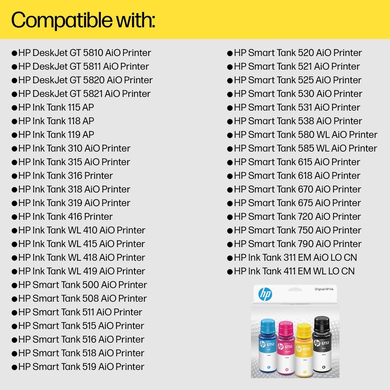 HP GT52 CMY/GT53 Black Ink 4 Bottles