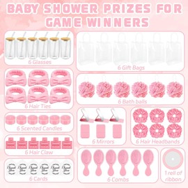 6 Sets Baby Shower Game Prizes for Baby Shower Winners with Cup Comb Makeup Mirror Hair Band Clip Tea Candle Hair Band Bath Ball Label Ribbon Gift Bag for Baby Bridal Shower Favors