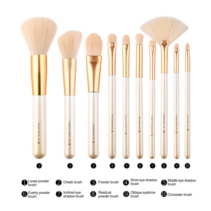 ZOREYA 10pcs Pearl White Portable Professional Makeup Blending Brushes Set