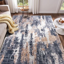 Modern Abstract 3x5 Rug, Brown Area Rug Entryway Rug, Machine Washable Non Slip Rugs for Bedroom, Low Pile Stain Resistant Distressed Rug for Nursery, Living Room, Dining Room, Blue Brown