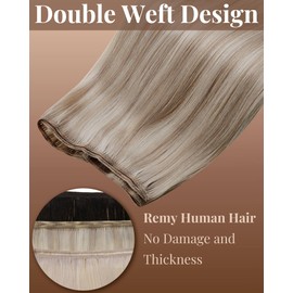 Hetto Sew in Hair Extensions Real Human Hair Blonde Highlights Weft Hair Extensions Human Hair Ash Blonde Highlight Sew in Hair Extension Short for Women Invisible 12 Inch 70g