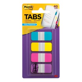 Post-it Tabs, .625 in Solid, Aqua, Yellow, Pink, Violet, 10/Color, 40/Dispenser (676-AYPV)