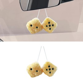 Couslcd Pair Fuzzy Plush Dice for Car Mirror, 2.75'' Retro Square Car Mirror Hanging, Universal Auto Rearview Mirror Ornament, Couple Pendant Charms, Car Accessories for Women (Gold)