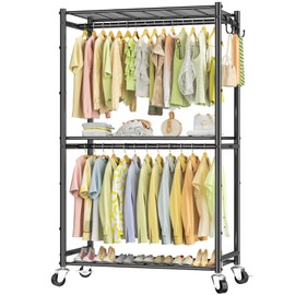Rolling Clothes Rack for Hanging Clothes, Metal Clothing Garment Rack with Double Rods & 3 Wire Shelves, Portable Wardrobe Closet with Wheels