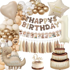 1st Birthday Decorations for Boys Girls, Dino Theme Party Decorations Pack, Apricot White Gold Balloons, Confetti, Dinosaur Star Number 1 Foil Balloons, Photo Banner First Birthday Decoration for Baby
