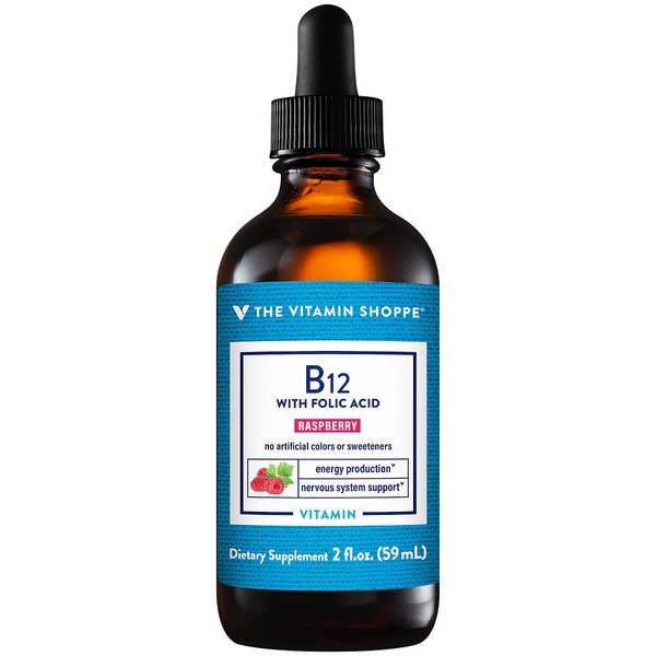 The Vitamin Shoppe Liquid Vitamin B12 with Folic Acid - Raspberry Flavor, Supports Energy Production, Excellent Source of Folic Acid, One Daily Serving (2 Fl Oz)