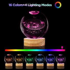 PYMIN3D 3D Solar System Crystal Ball Night Light,3.15in k9 Crystal Ball Lamp with 16 Colors Change,Wooden Base and Remote Control Decor Gifts for Kids (Solar System)