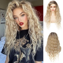 Ombre Blonde Long Wavy Wig for Women, with Dark Roots