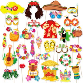 30Pcs Beach Party Photo Booth Props Kit Scary DIY Costumes Props with Wooden Sticks for Party Decorations