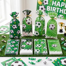 BHNKGZNA 100 Pcs Soccer Party Favor Bags Goodie Bags 4 Designs Soccer Treat Bags Candy Snack Bag with 100 Ties for Sport Game Day, Birthday Party Favors Supplies Soccer Tournaments Sports Events