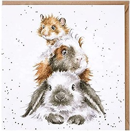 Wrendale 15x15 cm Double Card with Envelope - Rabbit, Guinea Pigs and Hamsters on top of each other