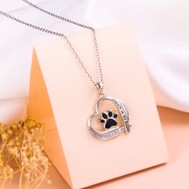 Ladytree S925 Sterling Silver Puppy Dog Cat Pet Paw Print Love Heart Engraved Always in my heart Pendant Necklace 18+2 inches