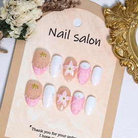 French Tip Press on Nails Short Almond Summer Fake Nails with 3D Flower Starfish Design Reusable Artificial Handmade False Nails Pink White Glossy Glue on Nails for Women Girls Acrylic Nails DIY 10Pcs