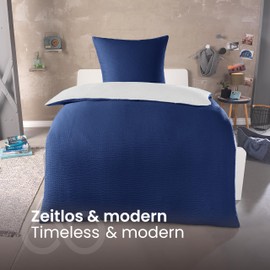 BaSaTex Microfibre Seersucker Bed Linen and Pillowcase Plain Reversible Duvet Cover for Duvet and Pillow 135 x 200 cm + 80 x 80 cm 100% Microfibre Polyester Silver - Navy Dark Blue