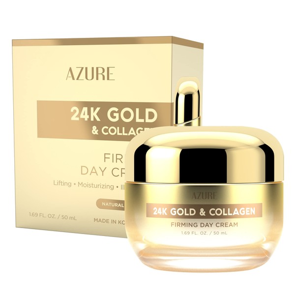 AZURE 24K Gold & Collagen Firming Day Cream - Illuminating & Lifting Moisturizing Cream with Hyaluronic Acid - Reduces Wrinkles & Fine Lines - Anti Aging & Toning - Skin Care Made in Korea - 50mL / 1.69 fl.oz.