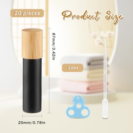 DynnnDy 20Pcs 10ml Black Frosted Glass Essential Oil Roller Bottles with Bamboo Lid Refillable Deodorant Containers with Stainless Steel Roller Balls Roll-on Bottles for Perfume Lip Gloss