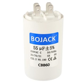 BOJACK CBB60 55uF 250 Volt 50/60Hz AC Capacitor Round Run Start Capacitor with Two Sets of Inserts for AC Motor Run Condenser Straight Cool Heat Pump Pool Pump or Air Conditioner