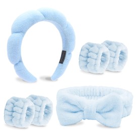 Makeup and Skincare Headbands 6PCS Blue Spa Headband and Wrist Bands for Washing Face Hair Band Bows for Women Soft Head Band and Wristband Set Cute Hair Accessories for Women Teen Girls Gifts