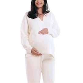 Motherhood Maternity Women's Long Sleeve V-Neck Scuba Pullover Nursing Hoodie, Winter White, Large