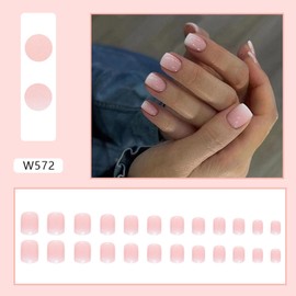 Pink Gradient Press on Nails,Short Length Coffin Shape Fake Nails,Glossy Nude Daily Wear False Nails,Reusable Full Cover Artificial Nails,Natural Fit Stick on Nail Glue on Nails for Women Girls 24Pcs