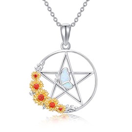 SLIACETE Pentagram Necklace for Women Girls 925 Sterling Silver Sunflower and Opal Butterfly Pentagram Pendant Necklace Pentagram Jewellery Gifts, Sterling Silver, Opal