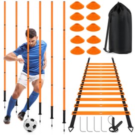 Soccer Agility Training Equipment: 6 Soccer Agility Poles, 20ft Agility Ladder, 10 Soccer Cones, 1 Jump Rope. Soccer Training Poles for Speed Training, Agility Training (Orange)