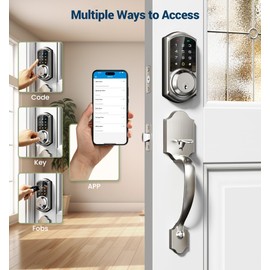 Veise VE06-H Smart Front Door Lock Set, App Control, Keyless Entry Deadbolt with Lever Handle, Electronic Digital Touchscreen Keypad, Auto Lock, Easy Install, Satin Nickel