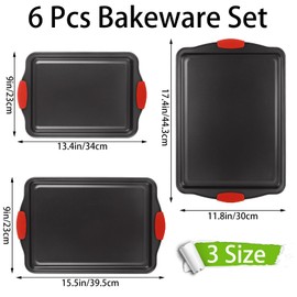 6 Pcs Baking Sheet Set, Cookie Sheet Set with Silicone Handles, 3 Size Nonstick Kitchen Oven Baking Pans, Durable Baking Sheets for Oven, BPA Free Cookie Sheets for Baking Nonstick Set, Sheet Pan