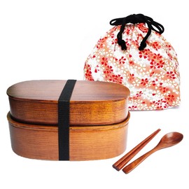 KXLCGYK Magewappa Bento Box, 2 Tiers, 33.8 fl oz (1000 ml), Lightweight, Drawstring Bag, With Wooden Spoon and Chopsticks Set, Large Capacity, Wappa Lunch Box, Bean Box, Natural Lacquer, Commuting to