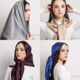YOUR SMILE Pure Purple Silk Feeling Scarf Women's Fashion Pattern Beige Chain Large Square Satin Headscarf (336)