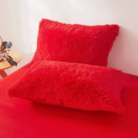 Fuzzy Red Pillow Cases 26"x20", Faux Fur Furry Shaggy Plush Fluffy Decorative Red Pillow Covers Set of 2, Standard Velvet Cushion Cover with Zipper for Bedroom Interior