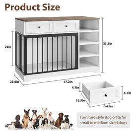 Dog Crate Furniture 47”, Large Dog Crate TV Stand with 2 Drawers and 4 Shelves, Wooden Dog Kennel Indoor, Decorative Dog Cage with Storage for Large Dogs, White