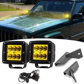 Wsays 2PCS LED Amber Light Pods & Ditch Hood Hinge LED Pod Mount Bracket w/Wiring Kit Compatible with Jeep Cherokee XJ Comanche MJ 4WD/2WD 1984-2001