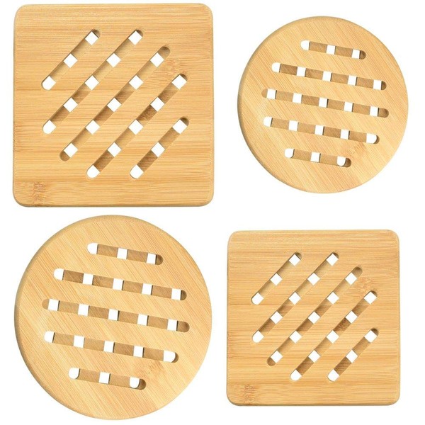 RMENOOR Pack of 4 Trivet Bamboo Heat Resistant Natural Washable Coasters Square and Round Pan Coasters with Drainer for Kitchen Bowl Pots Plates (15 cm)